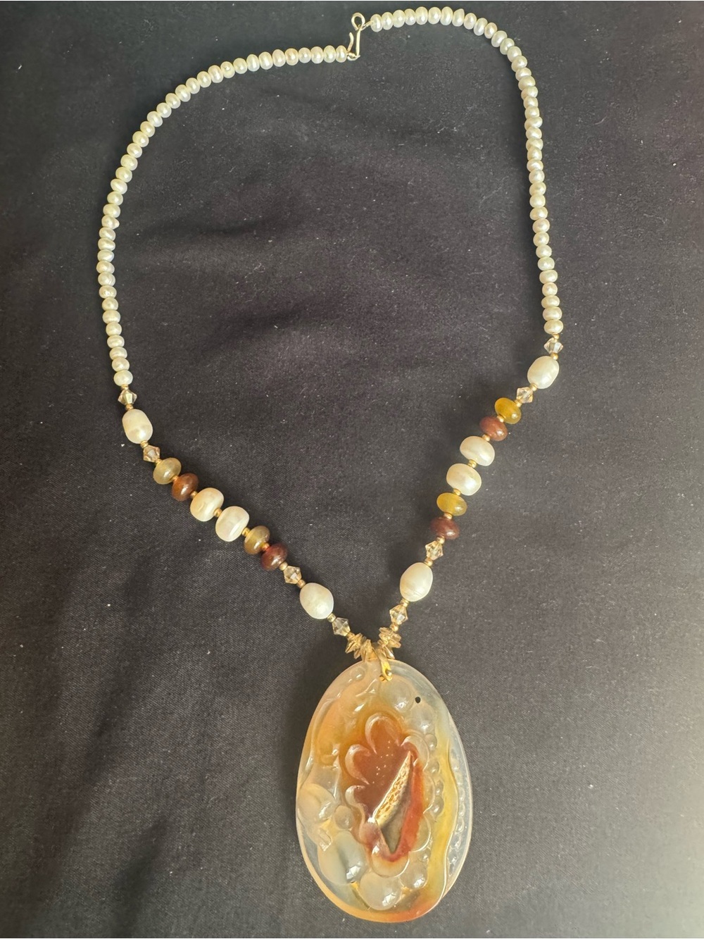 Handcrafted Pearl and Amber-Tone Pendant Necklace